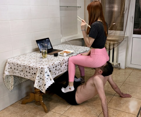 Kira Has Dinner In The Kitchen Using Her Boyfriend as Human-Furniture and a Chair-Slave - Ignore Femdom