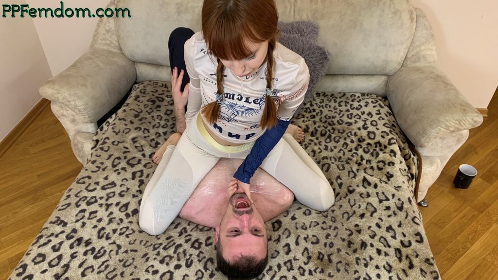 Playful Pigtailed Girl In Leggings - Throatsitting Smother and Spitting Humiliation With Mummified Slave
