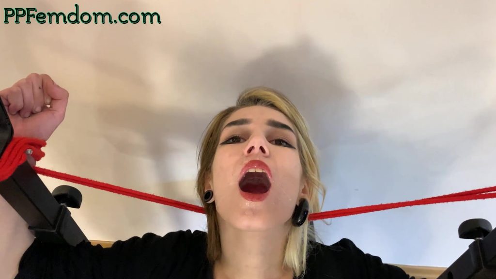 Open and Full Mouth of Tied Slave Girl with Saliva from Two Cruel Mistresses - Lezdom Spitting and Bondage