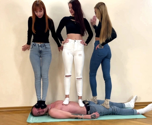 Triple Full Weight Trampling Femdom With Mistresses Kira, Sofi and Agma