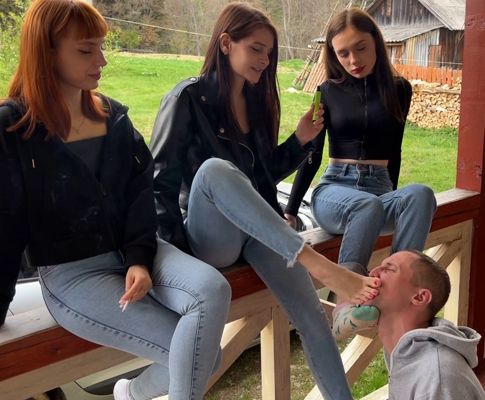 Group Foot Domination And Socks Worship Femdom Outdoor With Sofi, Kira and Dina
