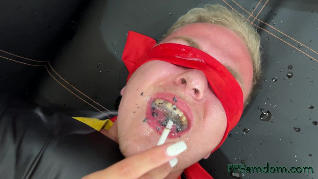 The Mouth Of a Miserable Slave Filled With Saliva And Cigarette Ashes of Two Smoking Mistresses Kira and Sofi