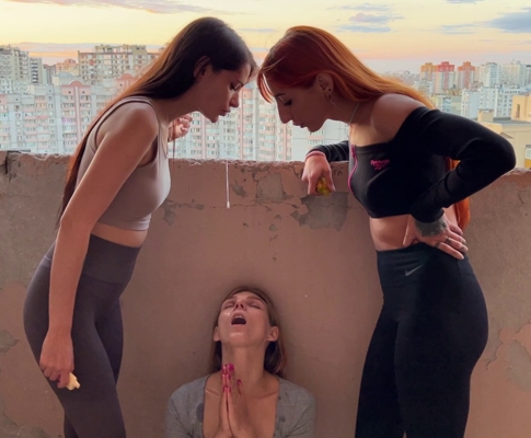 Mistresses Agma And Sofi Spit On Slave-Girl On A Public Balcony - Lezdom Spitting
