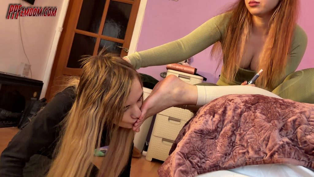 Lesbian Foot Slave With Tongue Piercing Licks Feet of Two Mistresses