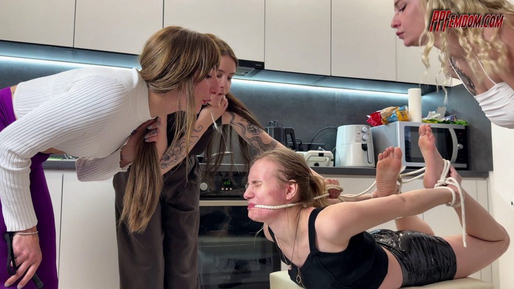 Group Lezdom Bondage and Spitting Humiliation With Thee Mistresses