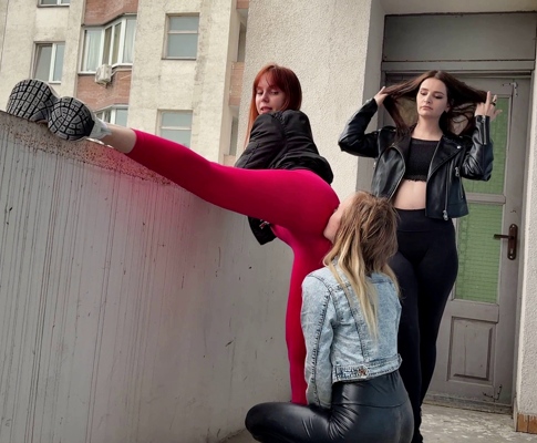 Submissive Nerd Girl Worships Two Girls' Asses and Pussies Outside